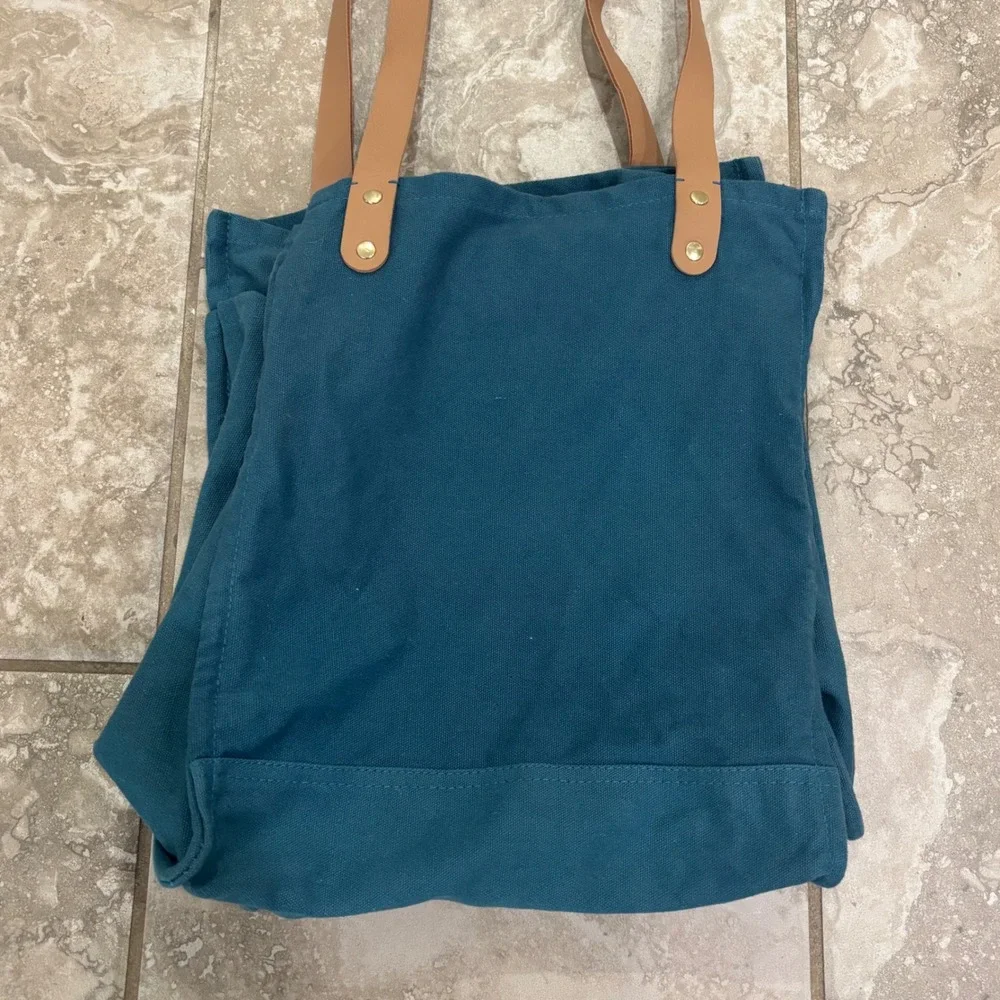 FEED Market Tote Bag Teal Blue Canvas Tan Straps Provides 3 Meals Grocery Bag